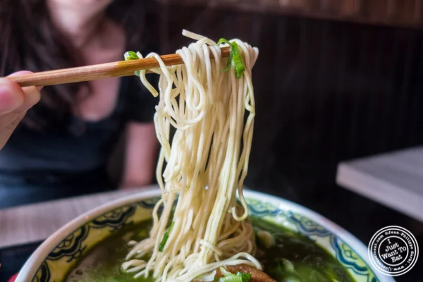 Matcha ramen noodles at Mentoku Ramen in Hell's Kitchen