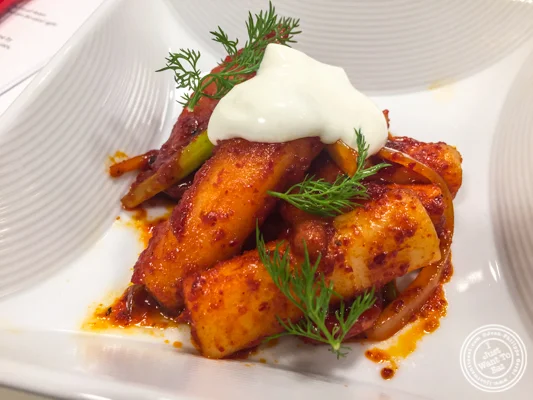 Spicy rice cakes with sausage ddukbokki at De Gustibus Cooking School at Macy's, NYC, NY