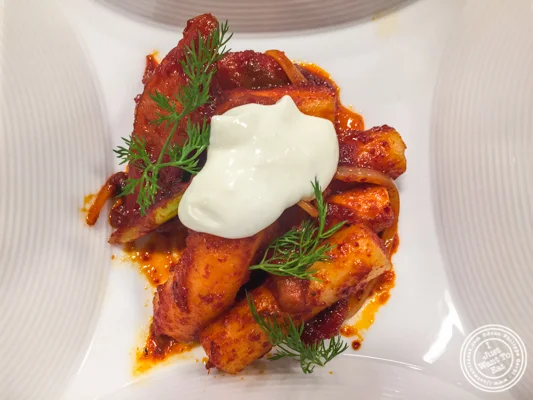 Spicy rice cakes with sausage ddukbokki at De Gustibus Cooking School at Macy's, NYC, NY