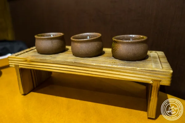 Sake flight at Sake Bar Hagi 46 in Hell's Kitchen, NYC