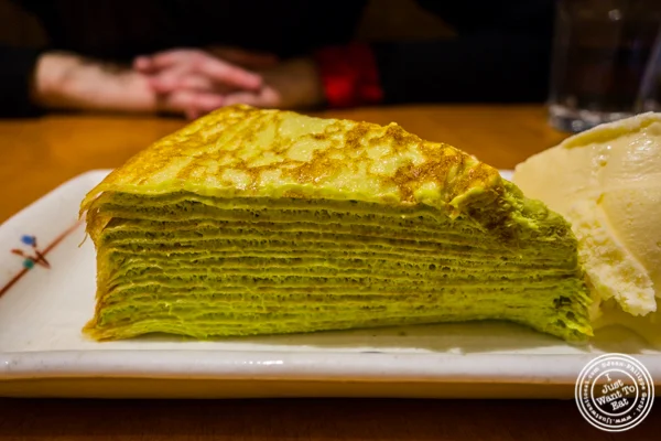 Green tea mille crepes at Sake Bar Hagi 46 in Hell's Kitchen, NYC