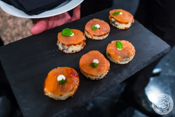 Smoked salmon on blini at Petrossian in NYC, New York