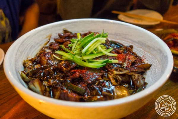 Thick noodles in black bean sauce with pork belly at Hanjan in NYC, New York
