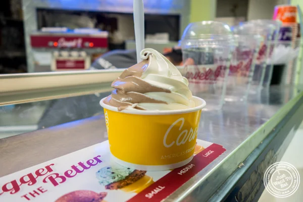 Chocolate and vanilla soft serve ice cream at Carvel in Woodside, Queens