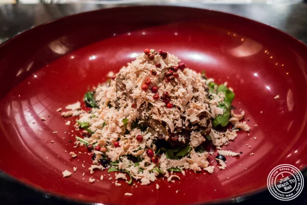 Powdered foie gras and duck chasiu at ROKI Le Izakaya in NYC, NY