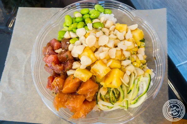 Marinated tuna and salmon bowl at Makai Poke Co in Hoboken, NJ