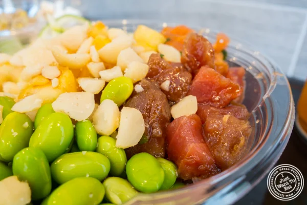 Marinated tuna and salmon bowl at Makai Poke Co in Hoboken, NJ