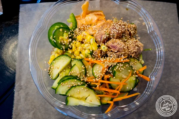 Pele bowl at Marinated tuna and salmon bowl at Makai Poke Co in Hoboken, NJ