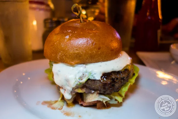 Avocado ranch burger at 5 Napkin Burger near Union Square, NYC, NY