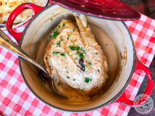 Farm raised chicken with morel sauce at La Ferme à Dédé in Sassenage, France