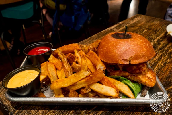 Fried chicken sandwich at Turntable LP Bar and Karaoke in K-Town, NYC