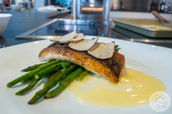 Seared sea bass with truffles at Urbani Truffle Lab in NYC, NY