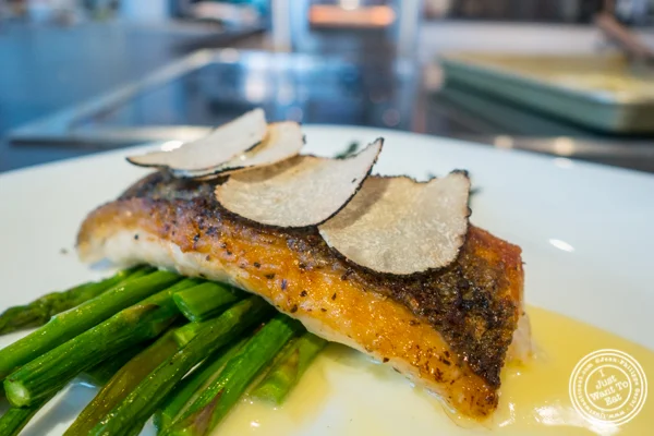Seared sea bass with truffles at Urbani Truffle Lab in NYC, NY