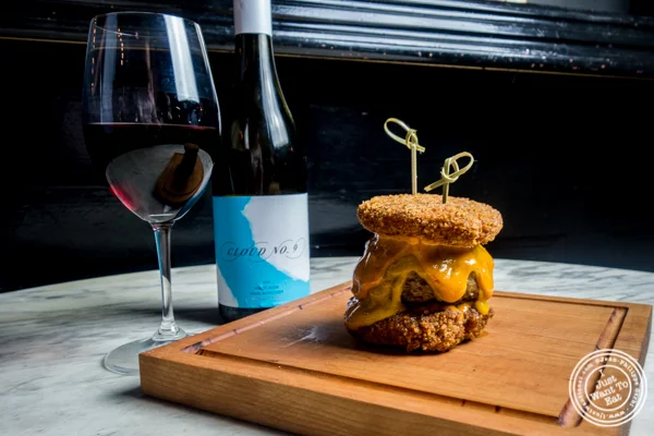 Cloud No 9 Pinot Noir and mac and cheese burger at The Bedford in Williamsburg, Brooklyn, NY