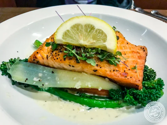 Pan seared salmon at Bistro 72 in Riverhead, Long Island