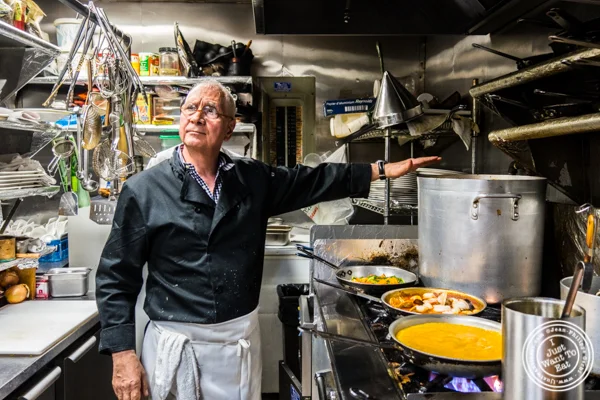 Chef Bernard Ros talking about his Bordelaise sauce at Paname, French restaurant, in NYC, NY