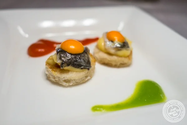 Anchovy canapé at Paname, French restaurant, in NYC, NY