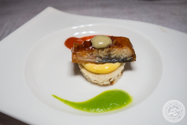 Smoked eel with wasabi sauce at Paname, French restaurant, in NYC, NY