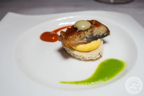 Smoked eel with wasabi sauce at Paname, French restaurant, in NYC, NY