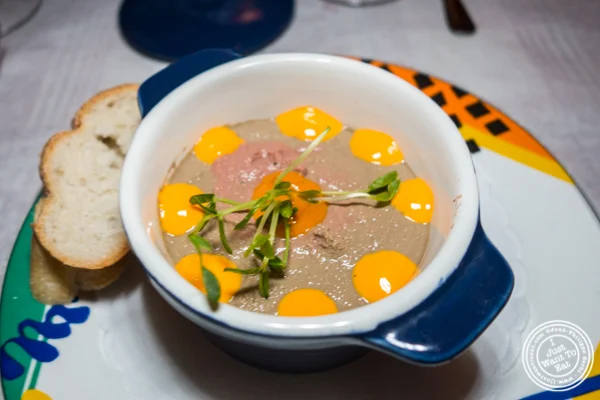 Chicken liver and mushroom mousse at Paname, French restaurant, in NYC, NY
