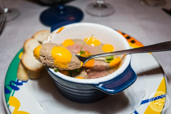 Chicken liver and mushroom mousse at Paname, French restaurant, in NYC, NY