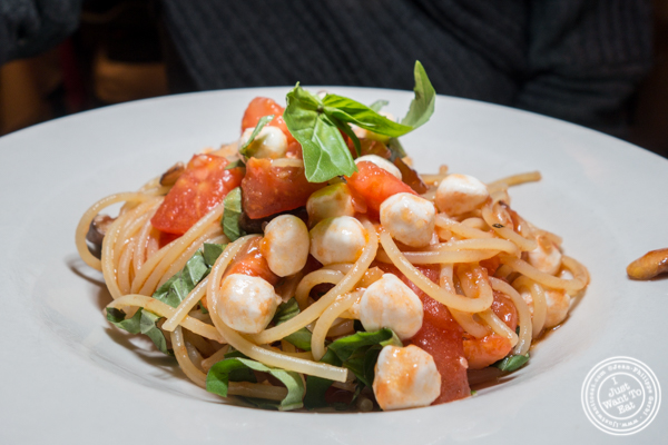 Spaghetti con mozzarella, pomodoro e funghi at Basta Pasta in Chelsea, NYC
