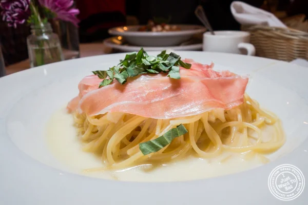 Spaghetti con prosciutto e parmigiano at Basta Pasta in Chelsea, NYC