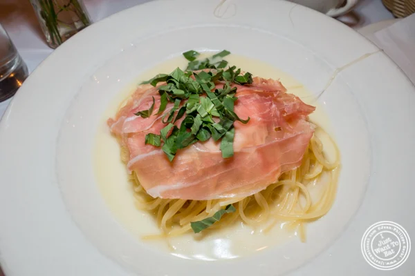Spaghetti con prosciutto e parmigiano at Basta Pasta in Chelsea, NYC