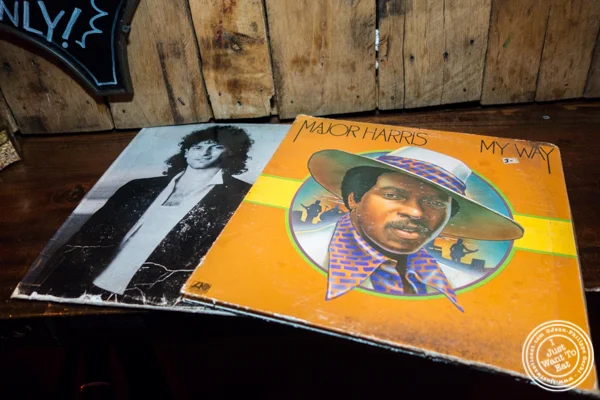Record sleeves for menu at The Baroness in Long Island City