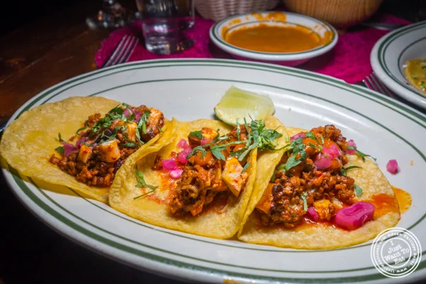 Pulpo y chorizo tacos at Tacuba in Hell's Kitchen, NYC, NY