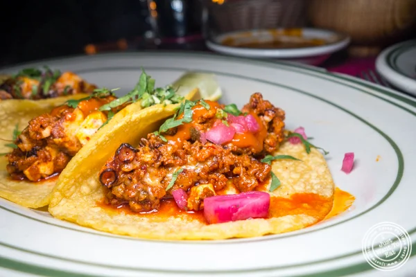 Pulpo y chorizo tacos at Tacuba in Hell's Kitchen, NYC, NY
