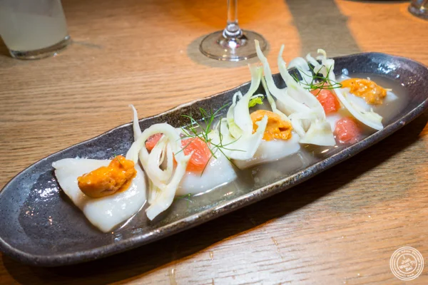Marinated scallops with uni at Rouge Tomate Chelsea in NYC, NY