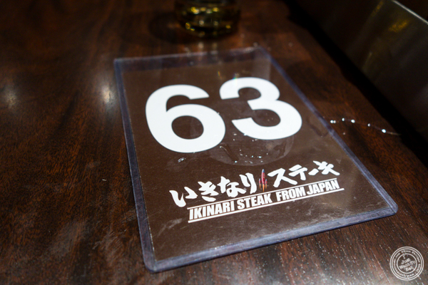 Table number at Ikinari Steak in NYC, NY