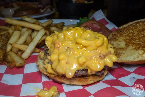 Mac and cheese burger at American Hall Beer and Arcade in NYC, NY