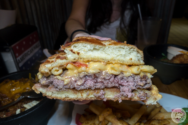 Mac and cheese burger at American Hall Beer and Arcade in NYC, NY