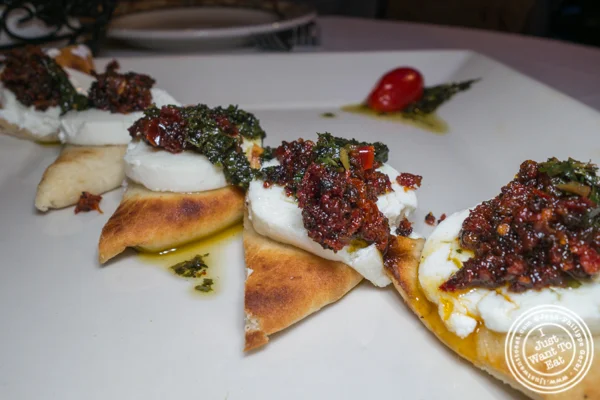 Goat cheese with wild mushrooms over pita at Hoboken, NJ