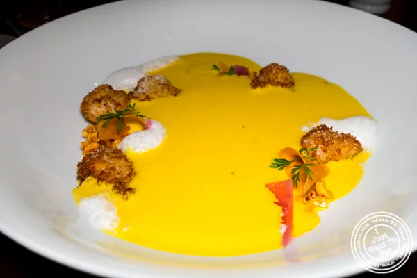 Carrot soup with crispy sweetbreads at Batard in TriBeCa