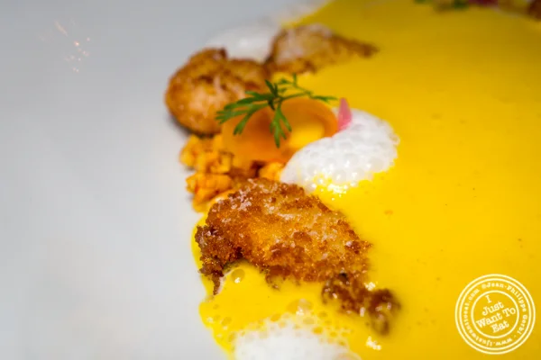 Carrot soup with crispy sweetbreads at Batard in TriBeCa