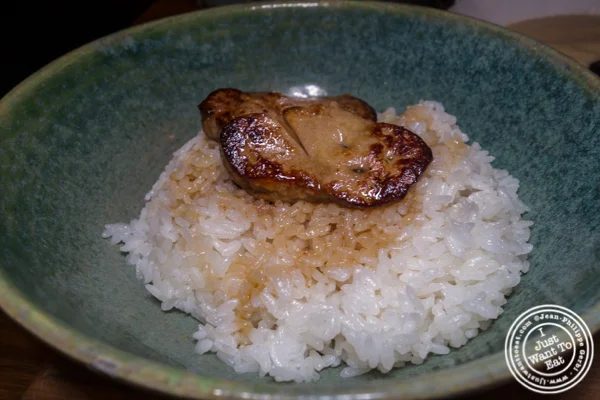 Foie gras and egg sabayon over rice at Mifune in NYC, NY