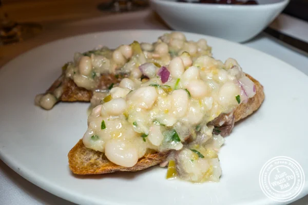 White beans and mackerel bruschetta at Esca in Hell's Kitchen