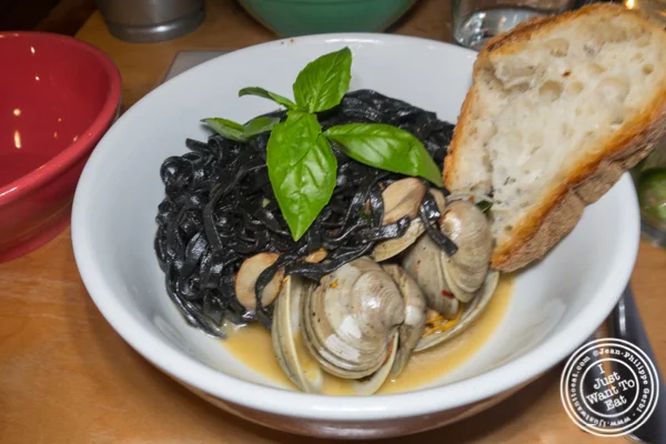 Squid ink fettuccine alle vongole at Aunt Jake's Wine Bar and Pasta Lab