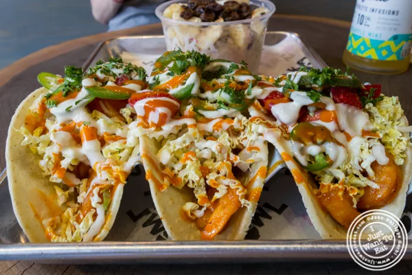 Buffalo shrimp tacos at Shaka Bowl in Hoboken, NJ