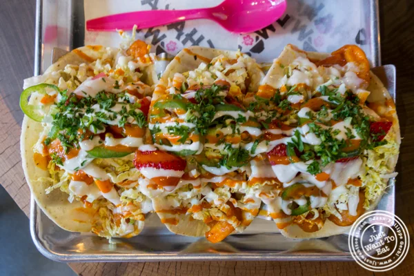 Buffalo shrimp tacos at Shaka Bowl in Hoboken, NJ