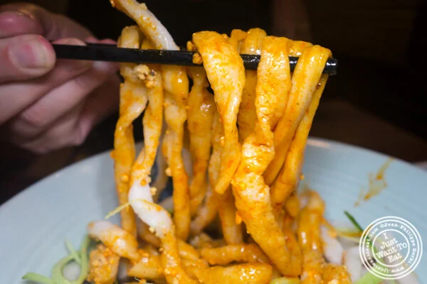 Handmade noodles with spicy sweet sauce at Alley 41 in Flushing, Queens