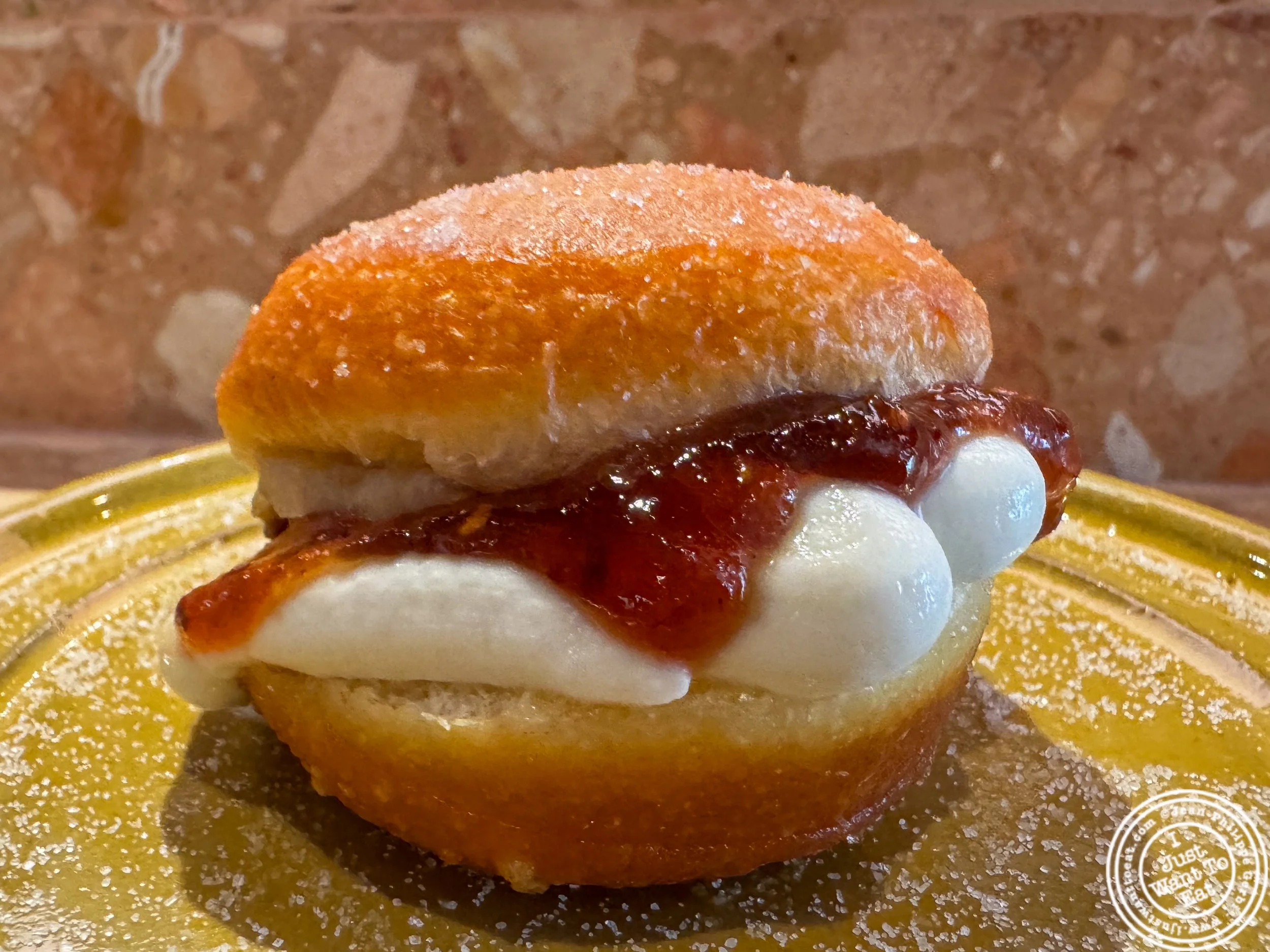 Whipped goat cheese donut at  at  Pick & Cheese in Shaver Hall, NYC