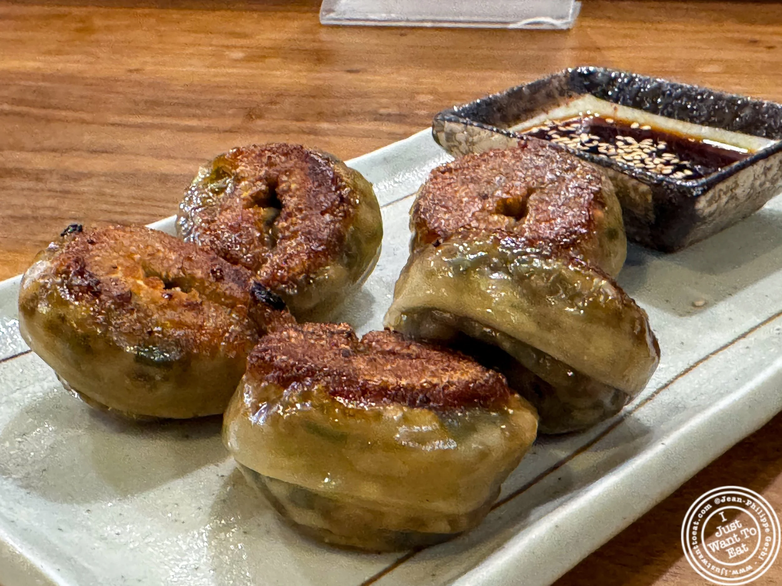 Vegan dumplings at Mokbar, Korean restaurant in Chelsea Market, NYC
