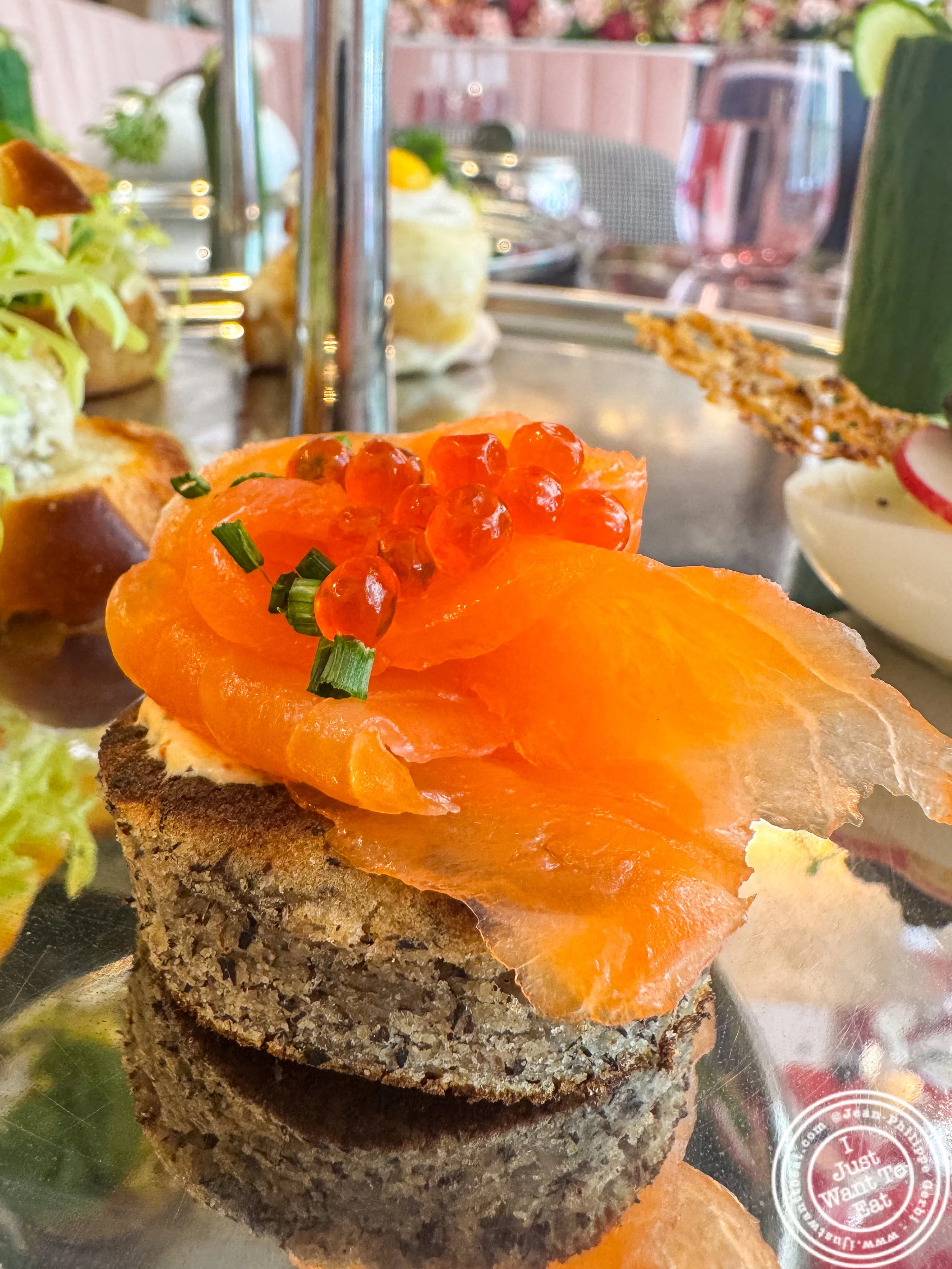 Smoked salmon on a buckwheat blini at Fauchon Bryant Park in NYC, NY