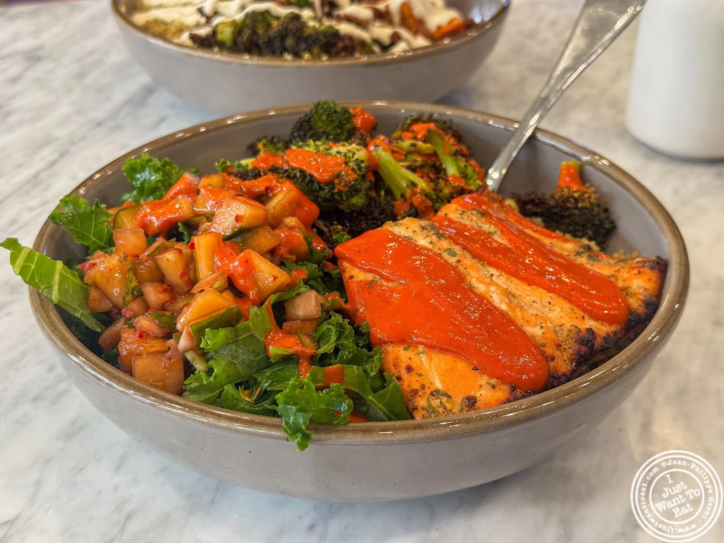Honey Dijon Salmon bowl at Springbone in Hoboken, NJ