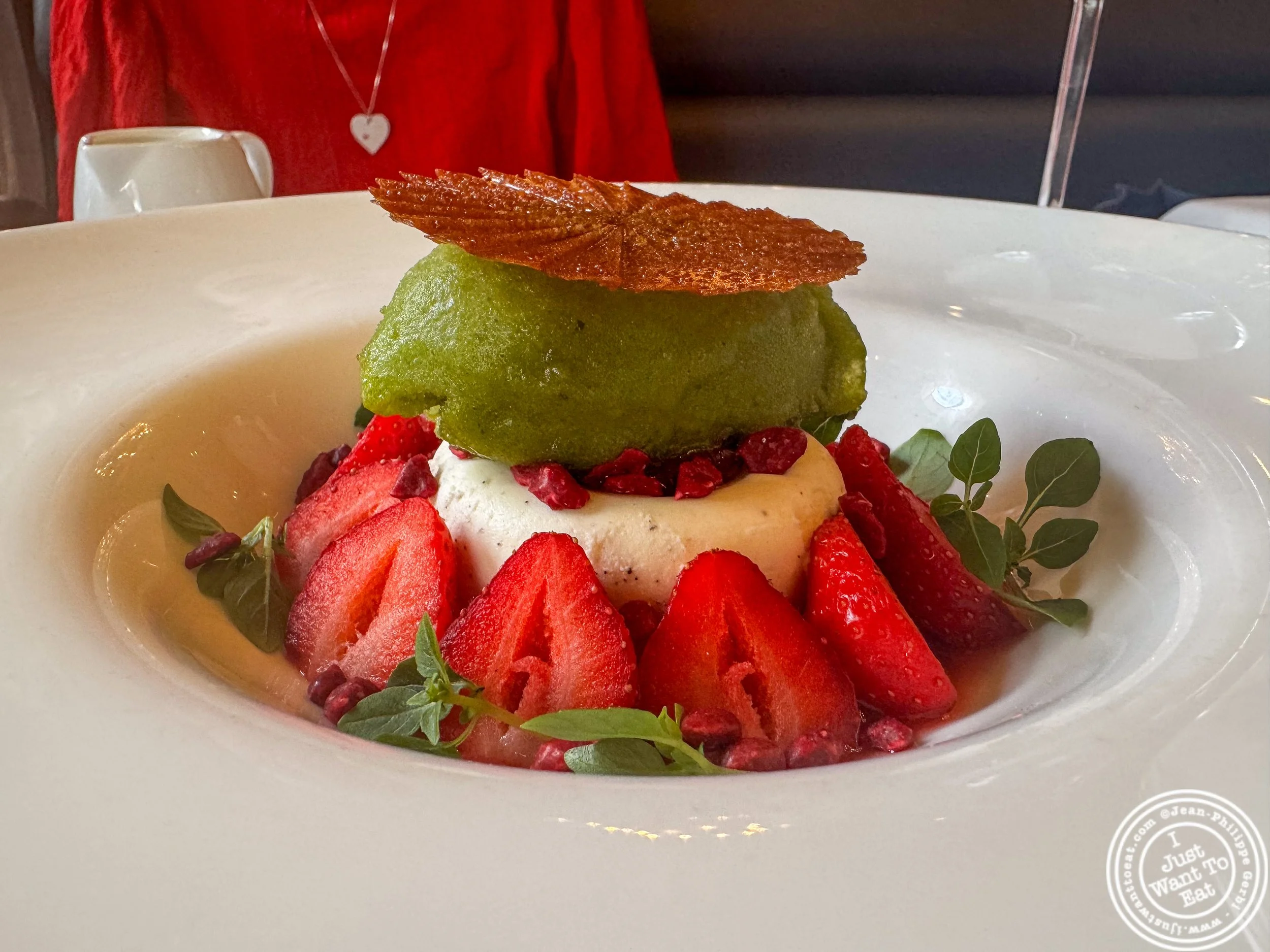 Strawberries with vanilla cream and basil sorbet at Le Train Bleu, Paris, France
