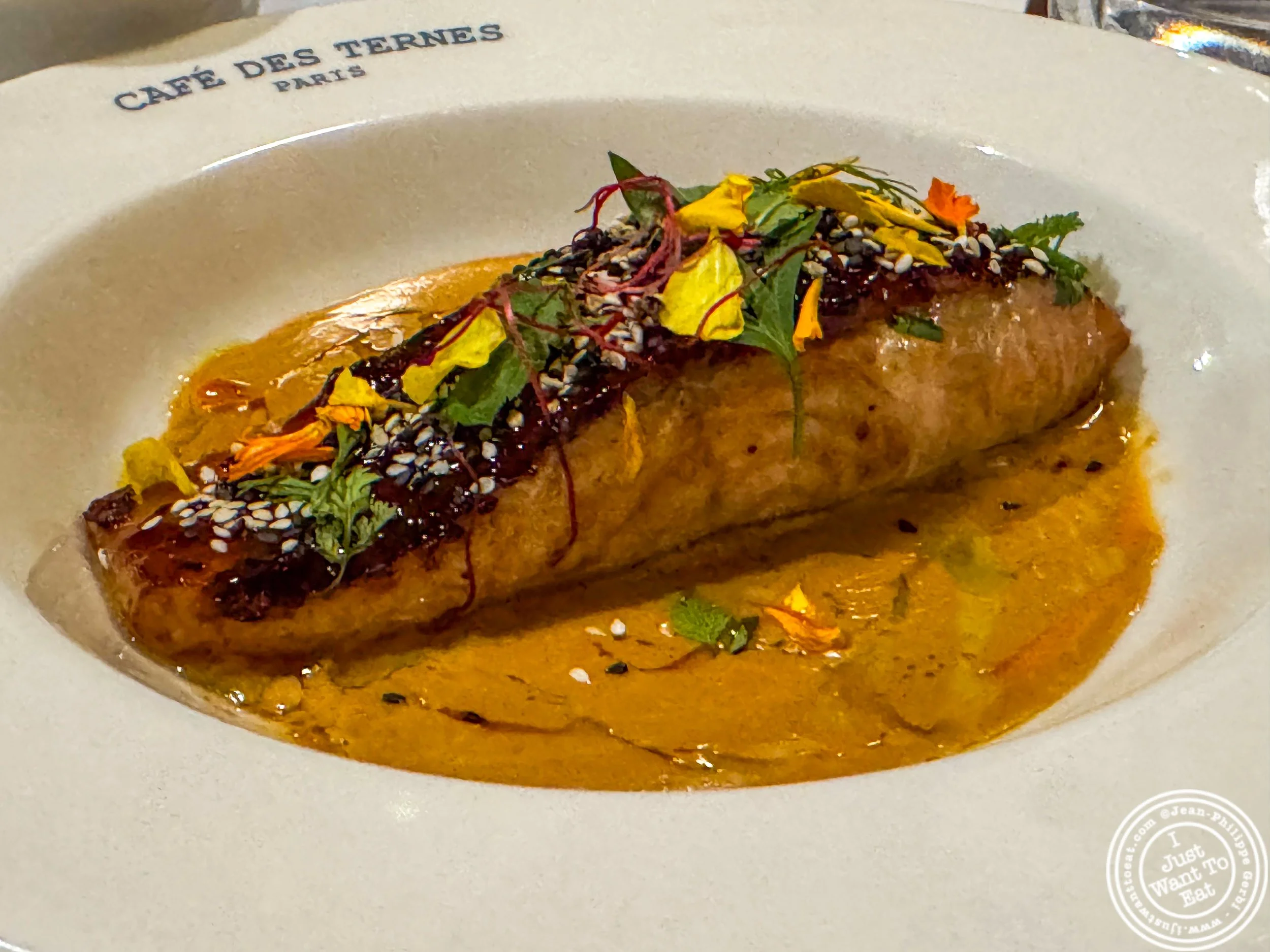 Salmon with miso-beurre blanc sauce at Café des Ternes, Paris, France